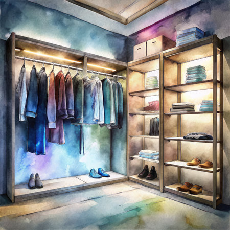 Watercolor wardrobe with clothes and shoes.の素材