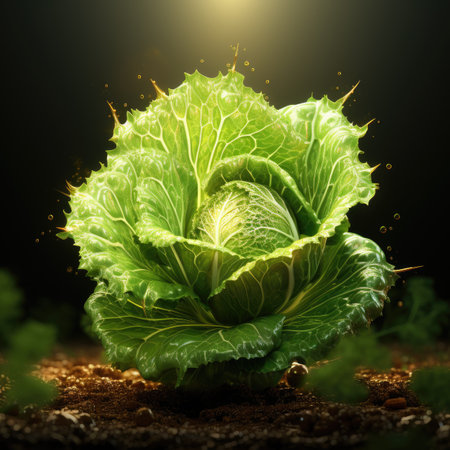 Cabbage in soil on black background.の素材