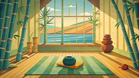 Bamboo interior with a view of the sea.の素材