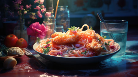 Spaghetti with shrimps on the table. Selective focus.の素材