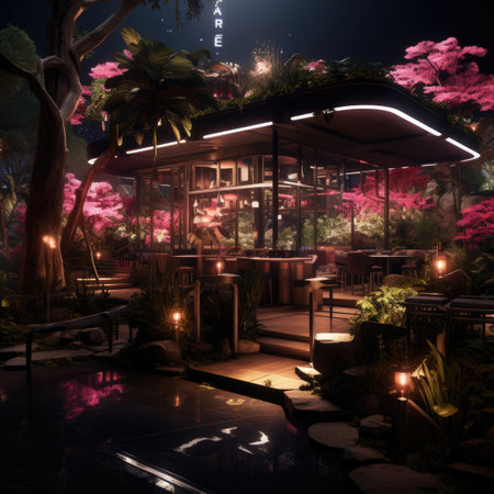 a restaurant in the tropics at nightの素材