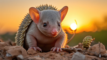 Cute baby hedgehog in the desert at sunset. Madagascar wildlife.の素材
