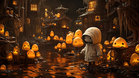 Halloween concept. Little boy in a ghost town.の素材