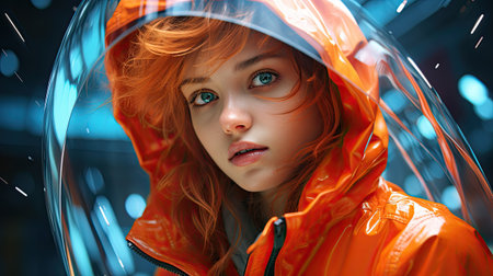 Fashion portrait of a red-haired girl in an orange raincoat.の素材