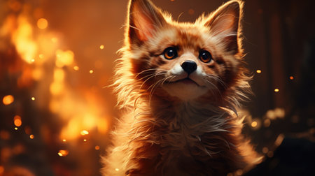 Portrait of a cute fluffy Pomeranian dog in front of a burning fireplaceの素材