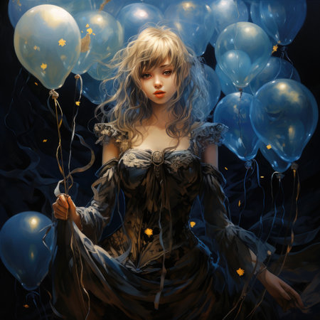 Beautiful girl with blue balloons on a black backgroundの素材