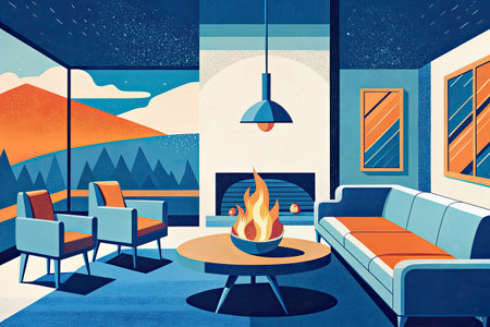 Interior of living room with fireplace, sofa and armchairs.の素材