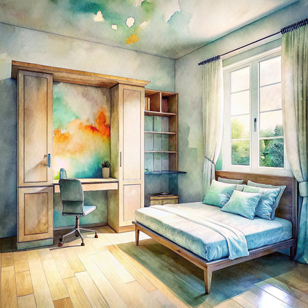 Watercolor Interior of a bedroom in a modern house.の素材