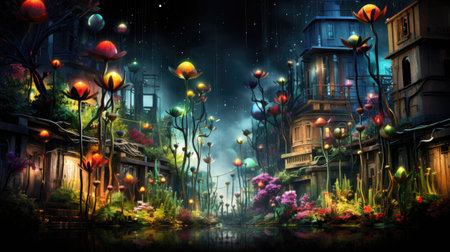 Fantasy night cityscape with lanterns and flowers.の素材