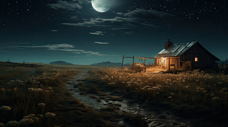 Old wooden house in the field at night.の素材