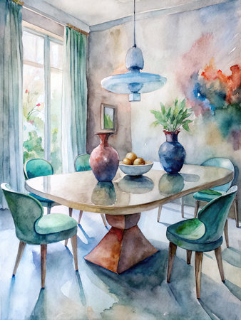 Watercolor illustration of a cozy dining room with a table, chairs and a vase.の素材