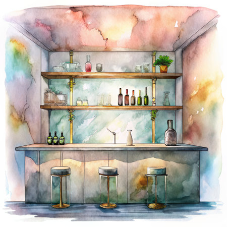 Watercolor hand drawn sketch of bar interior with shelves and glass bottlesの素材