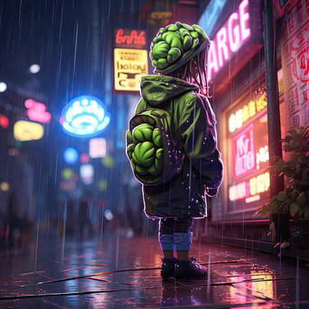 a man in raincoat standing in the street at nightの素材
