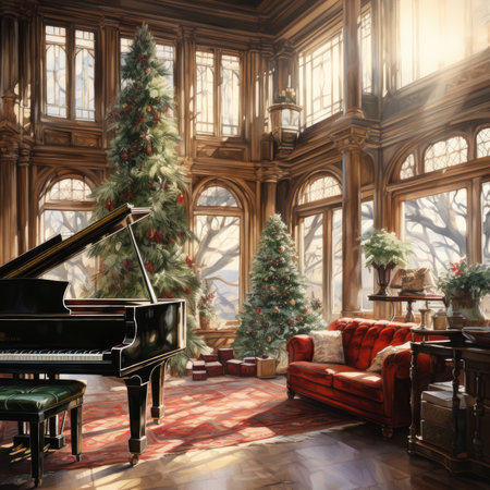Grand piano in the interior of the room with a Christmas tree.の素材