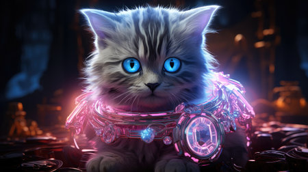 Cute kitten wearing astronaut costume. Fantasy concept.の素材