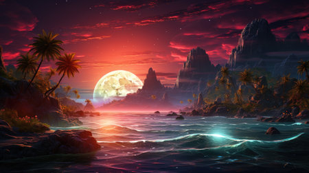 Fantasy landscape with tropical island and full moon.の素材