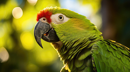 Portrait of a green macaw parrot with red beakの素材