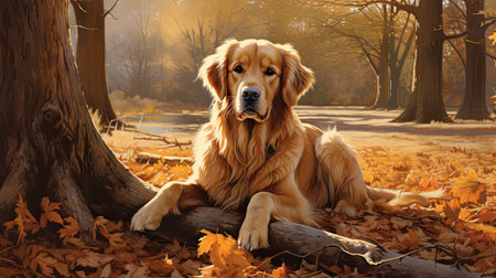 Golden retriever dog in the autumn park.の素材