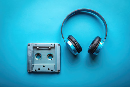 Retro audio cassette and headphones on blue background. Music concept.の素材