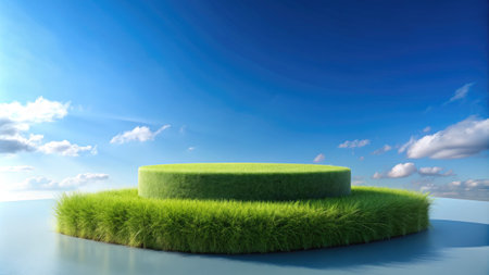 Conceptual green podium or pedestal with grass and blue sky backgroundの素材