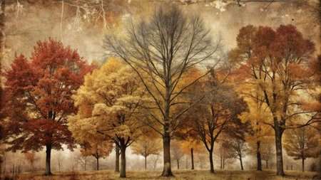 Grunge background with autumn trees in the park. Vintage style.の素材