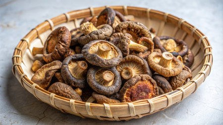 Dried shiitake mushrooms in a basket on the tableの素材