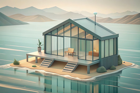 3d render of a modern house on the island in the seaの素材