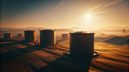 3D rendering of a space station in the Sahara desert at sunsetの素材