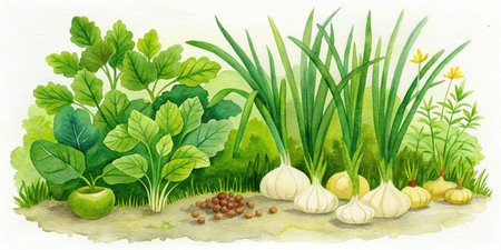 Illustration of a garden with herbs and garlic on a white backgroundの素材