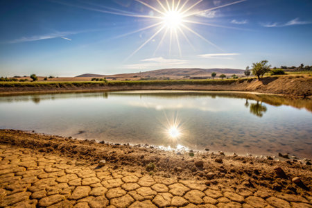 Reflection of the sun in a lake in the middle of the desertの素材