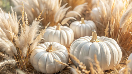 White pumpkins on a straw background with dry grass. Autumn composition.の素材