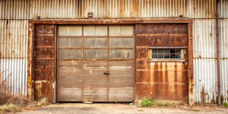 Abandoned industrial building with rusty door and rusty corrugated iron wallの素材