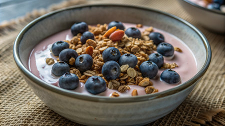 Yogurt with blueberries and granola in a bowl.の素材