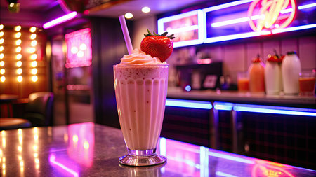 Strawberry milkshake in a glass on a bar counterの素材