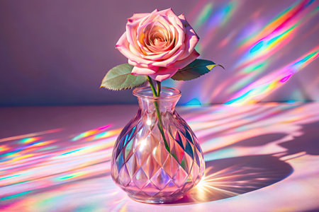 Pink rose in a glass vase on a background of colored lightsの素材