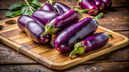 Purple eggplants on a cutting board. On a wooden background.の素材
