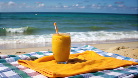 A glass of mango smoothie on a towel on a sandy beachの素材