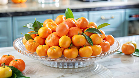Ripe tangerines with leaves in a bowl on the tableの素材