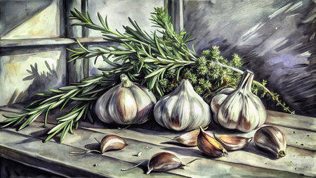 Still life with garlic and rosemary on a wooden table. Hand drawn illustrationの素材