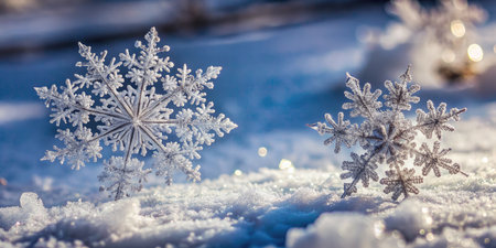 Snowflakes on the snow. Christmas and New Year background.の素材