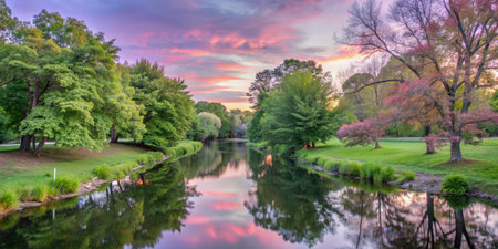 Panoramic view of a pond in the park at sunset.の素材