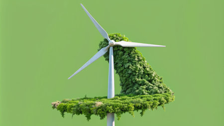 Wind turbine made of trees on a green background. 3d illustrationの素材