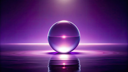 3D illustration of a glass ball in water with purple background.の素材
