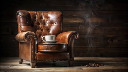 Cup of coffee on the old leather armchair on wooden backgroundの素材