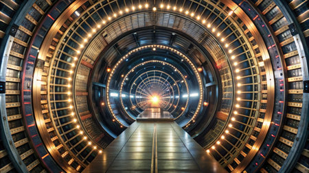 3d rendering of a futuristic corridor with glowing lights in the darkの素材