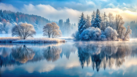 Foggy winter morning on the lake. Beautiful winter landscape.の素材
