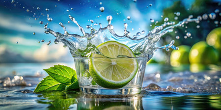 Lime splashing into a glass of water with ice and mint leavesの素材