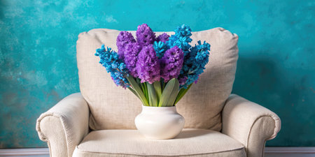 Beautiful hyacinths in vase on chair against turquoise wallの素材