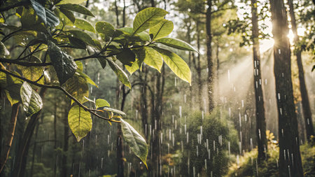 Rain in the forest. Rain drops on the leaves of trees.の素材