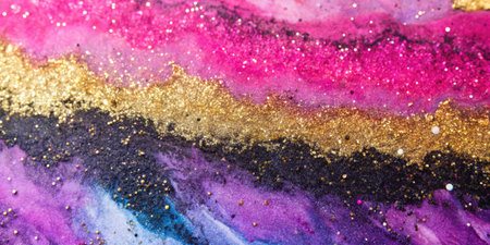 Abstract watercolor background with gold, purple, pink and black splashesの素材
